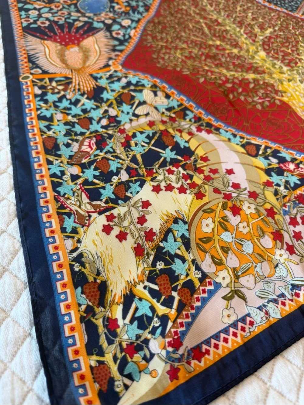 Vintage Style 100% Silk Scarf - Elegant Floral & Tree Print